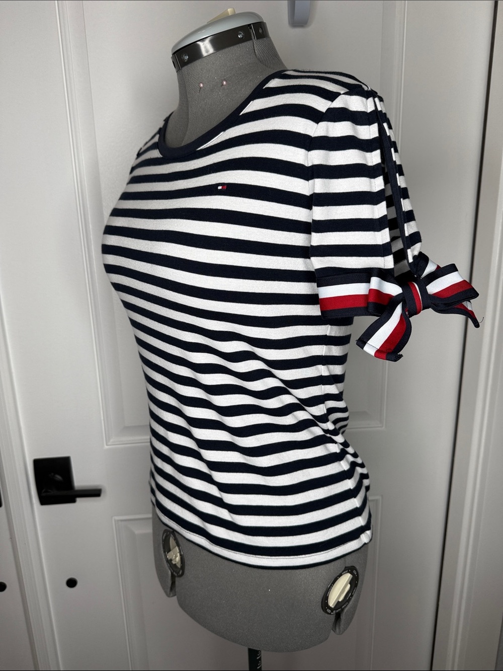 Tommy Hilfiger Medium Striped Navy and White Short Sleeve Knit Top